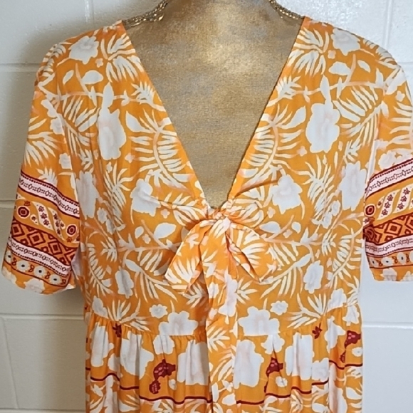 Orange and White Border Print Empire Waist Cool Loose Dress V-neck Pockets - Picture 3 of 16
